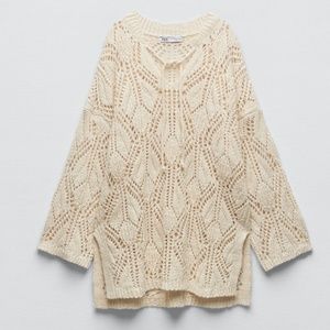 Zara ecru boho long sleeve pointelle knit tunic NWT